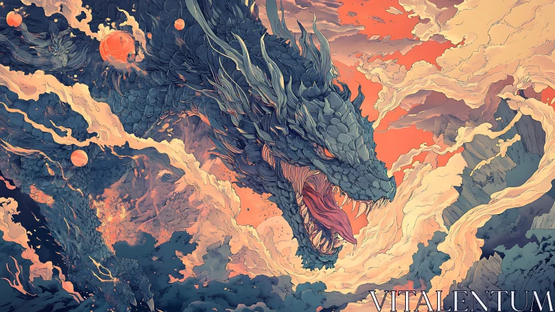 Scaled dragon head emerges through stylized cloud formations