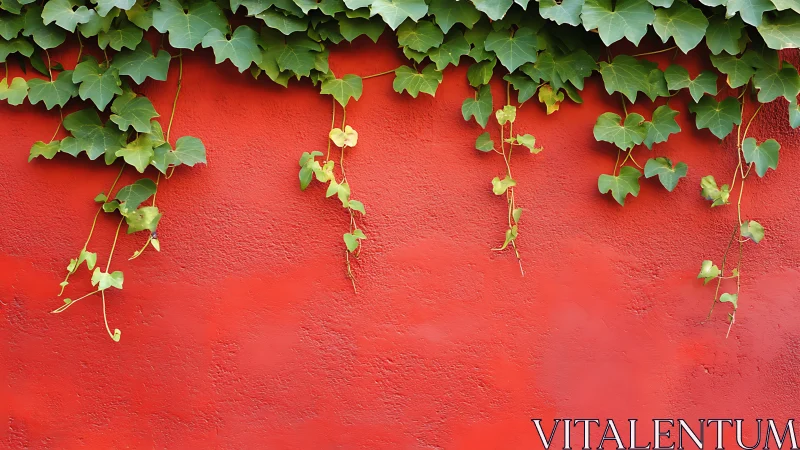 Green ivy foliage contrasts crisply against vivid red stucco wall