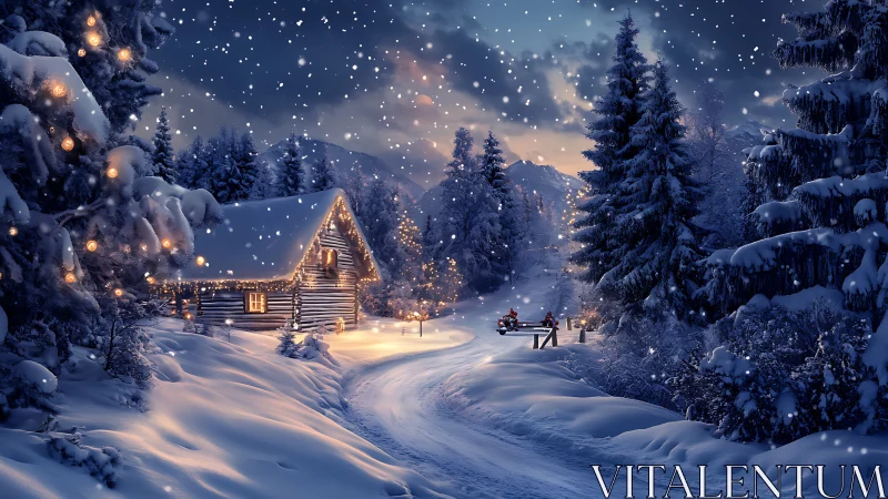 Snowfall serenade over lantern-lit winter cabin trail.