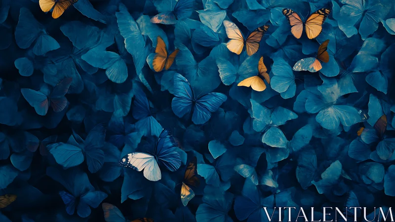 Layered blue and orange butterflies in dense abstract field.