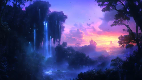 Bioluminescent waterfalls glow in a misty alien jungle at dusk.