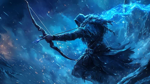 Hooded ice archer draws glowing bow amid storm. Period.