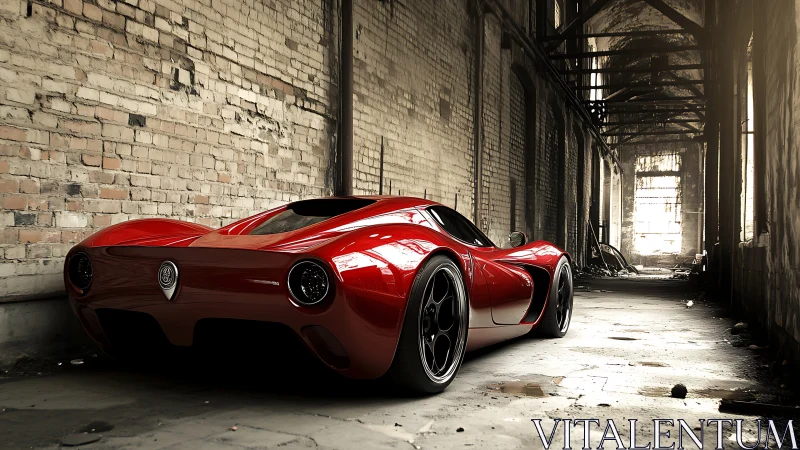Sleek red supercar gleams inside an abandoned brick warehouse.