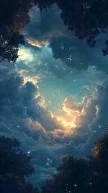 Celestial sky portal framed by dark forest silhouettes.