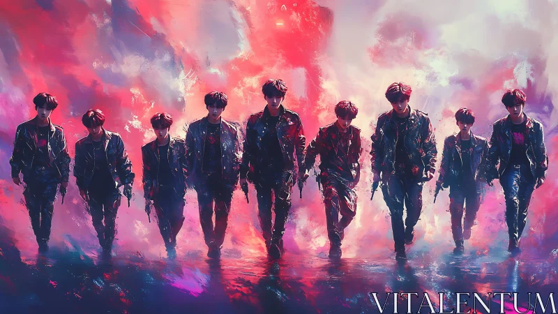 Neon-clad squad strides through swirling electric colors.