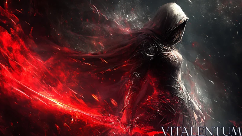 Scarlet wraith strides through embers with a burning blade drawn