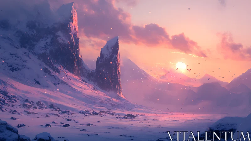 Snow-covered mountain valley with sunset and steep cliffs.