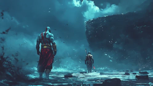 Mythic warriors crossing stormlit tundra toward monolithic cliff