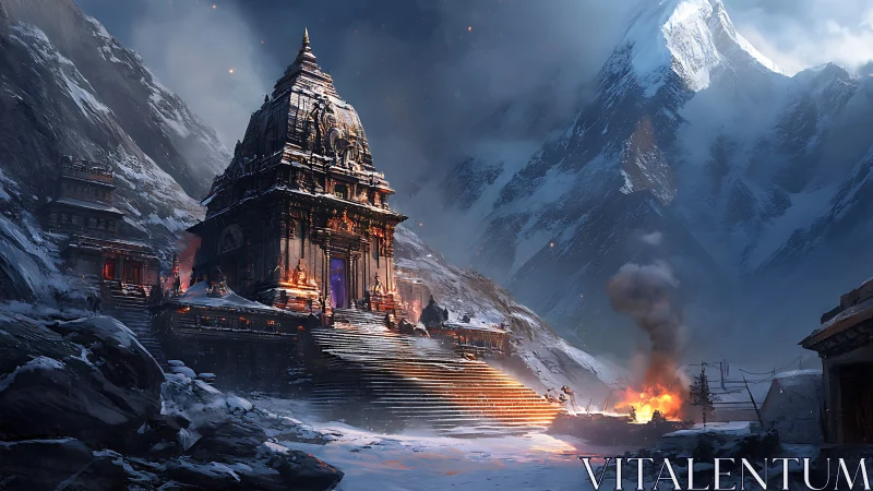 Ancient mountain temple glows against a stormy, snowbound sky