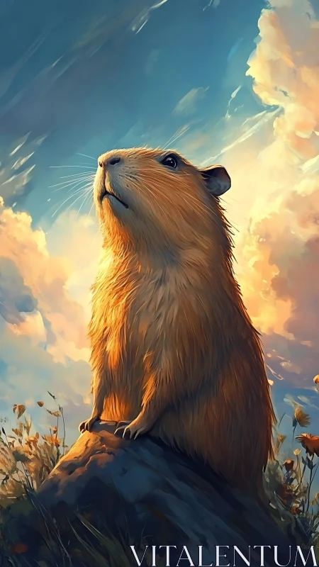 Sunlit prairie guardian gazes into a painted evening sky.