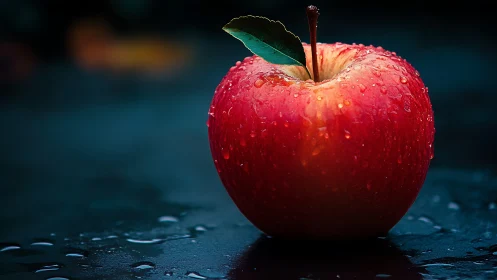 High-contrast macro of dewy red apple on dark surface.