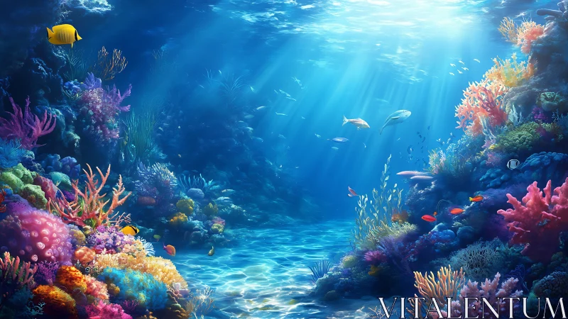 Sunlit coral reef with diverse fish and underwater terrain.