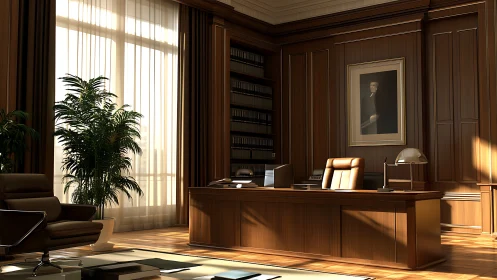 Executive wooden office interior receives warm morning light