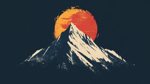 Stylized alpine peak intersects textured crimson sun disk