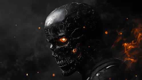 Molten cyber skull portrait in infernal ember haze.