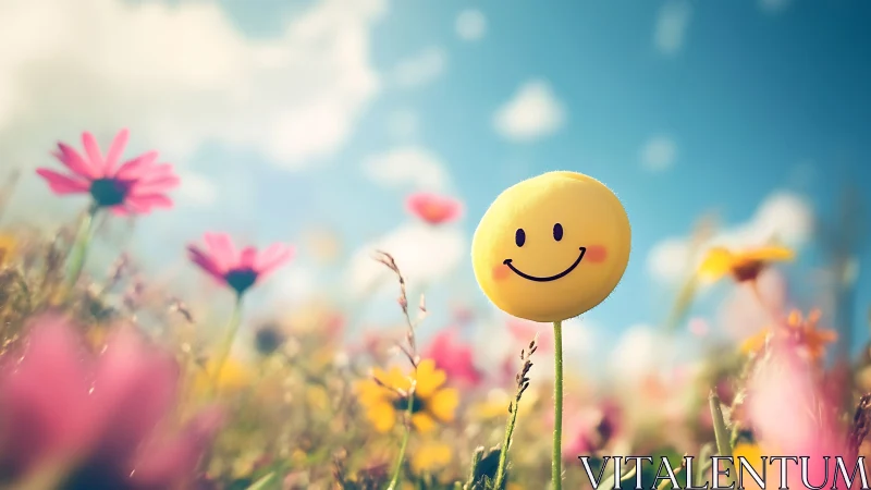 Anthropomorphic Smiley Sphere in Wildflower Meadow with Bokeh Sky.