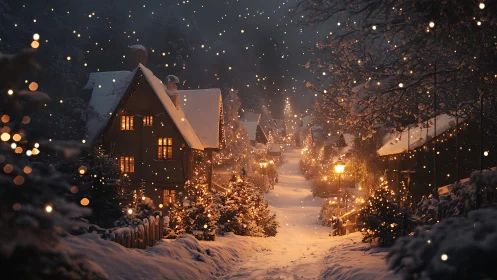 Snowy village street glows under warm festive lanterns.