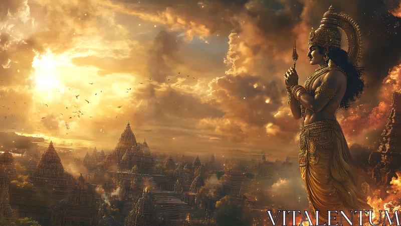 Sun-drenched guardian prays over a burning golden kingdom