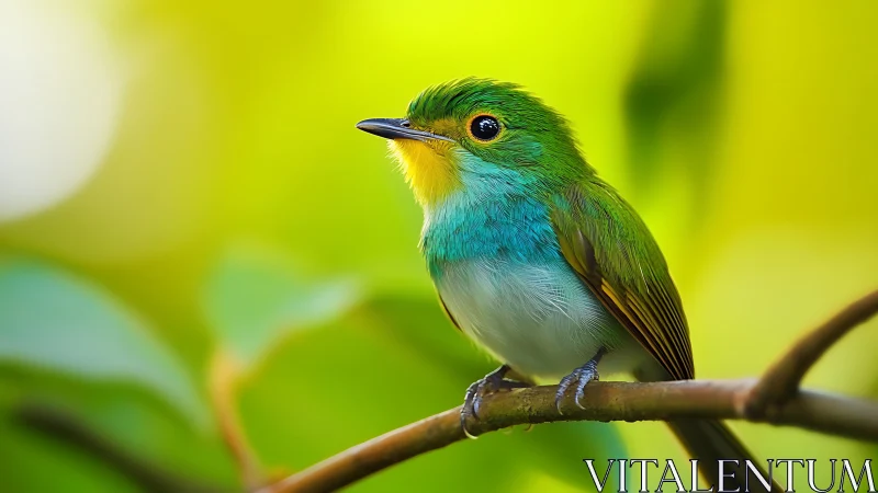 Vibrant green and blue songbird perched on branch, nature photography.