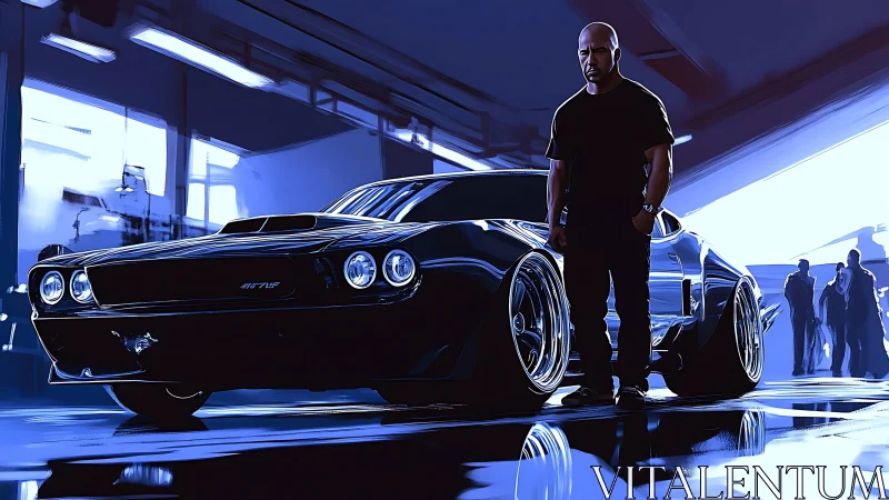 Muscular driver beside custom black muscle car in garage.