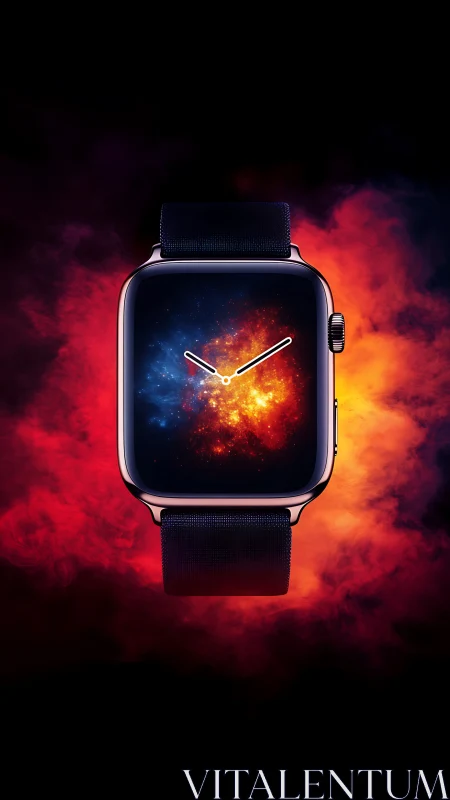 Futuristic smartwatch displays cosmic nebula firestorm face.