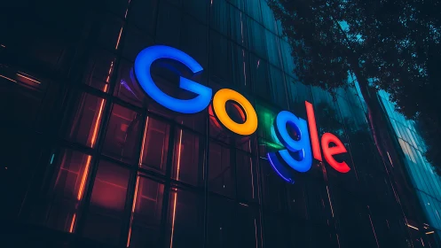 Neon corporate signage glows against reflective glass facade