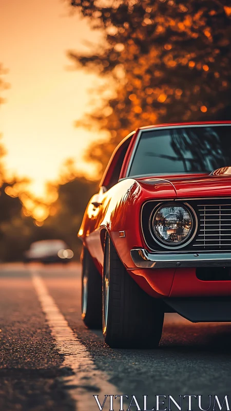 Sunset-soaked muscle car leans into the road’s golden hush