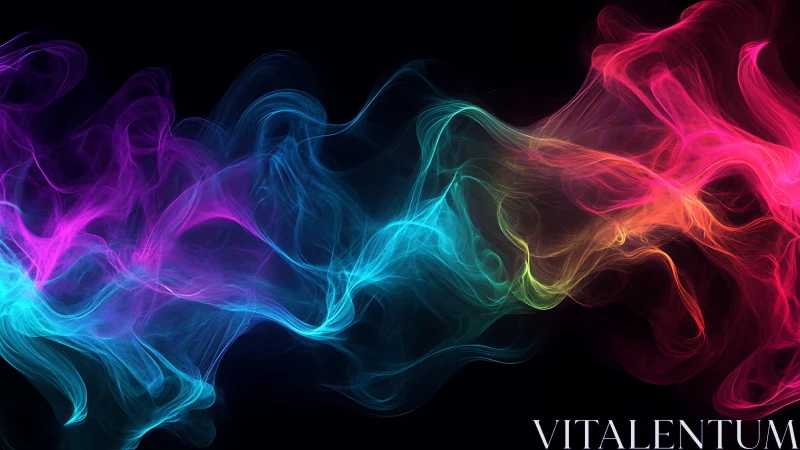 Prismatic smoke rivers weaving neon currents in darkness.