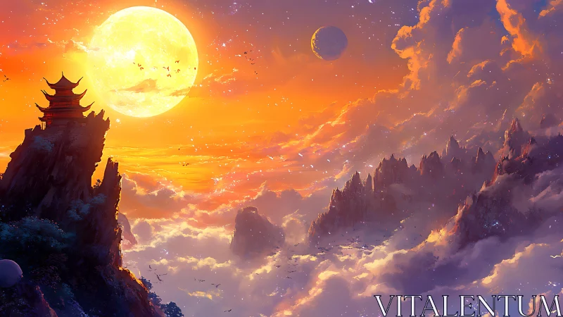 Golden moonrise over a dreamy mountaintop temple sky.