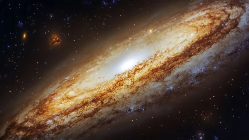 Spiral galaxy edge with bright core and dense dust lanes.