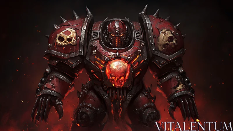 Armored war mech advances through embers with infernal skull heraldry
