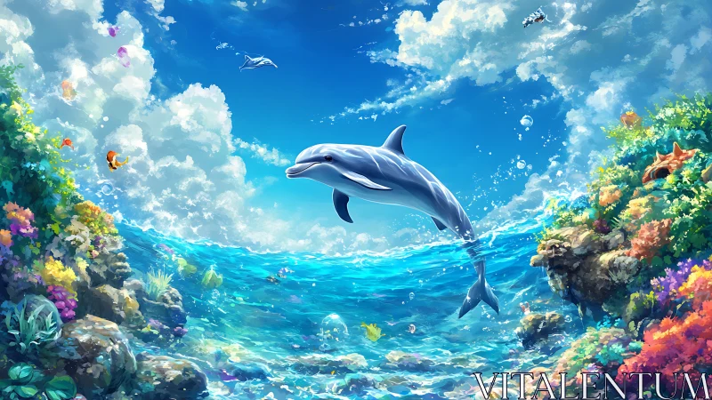 Dolphin arcs through radiant tropical reef seascape sky