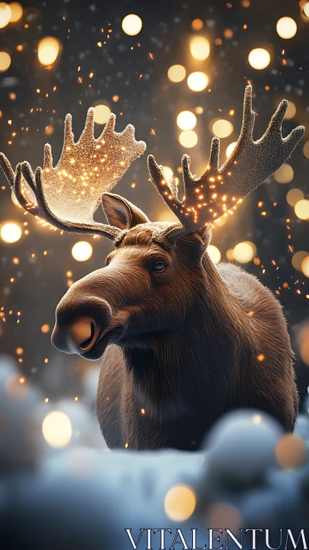 Starlit moose with glowing antlers in snowy wonder haze.
