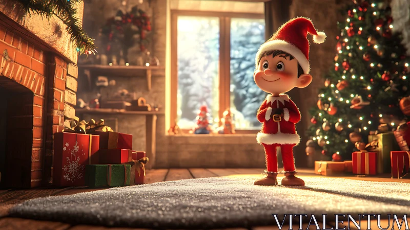 Festive child in Santa suit within warm 3D Christmas interior.