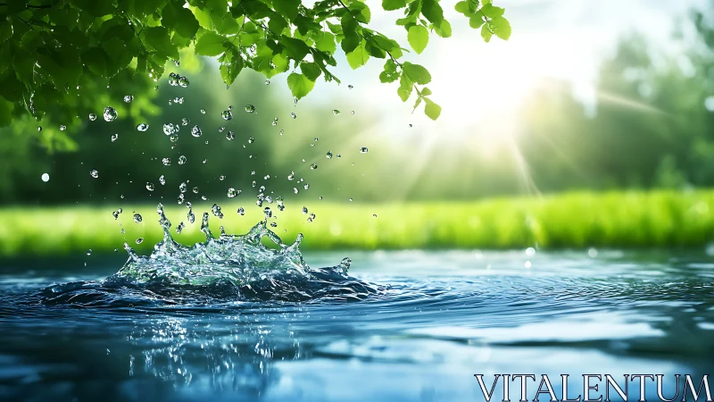 Water surface splash under green leaves in bright sunlight