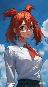 Skyward schoolday gaze with a bright red-haired dreamer.