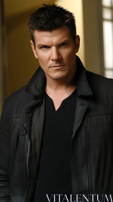 Stoic man in black leather jacket stands in warm hallway.