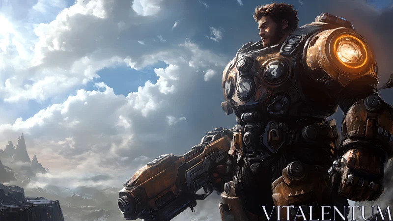 Armored space marine surveys stormlit alien mountain horizon