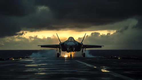Jet fighter launching at stormy dusk from carrier deck.