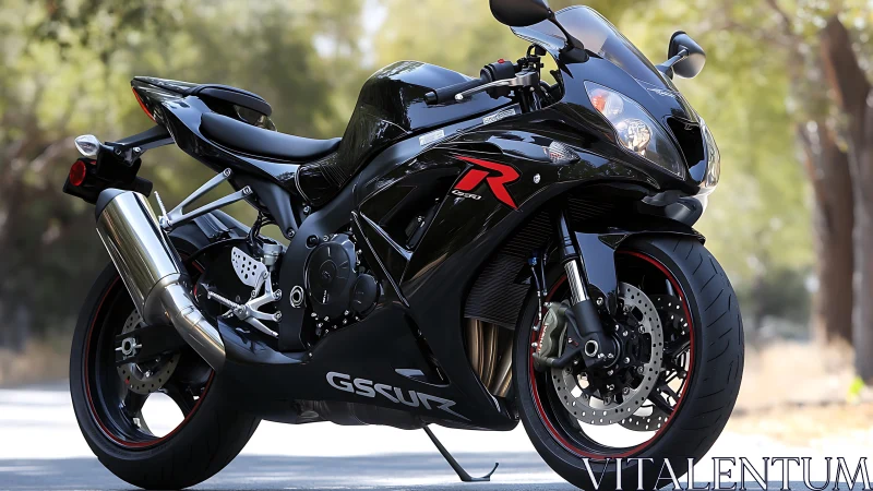 Black sport motorcycle parked on sunlit forest road.