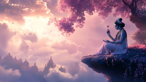 Divine figure meditates on cliff above mythic cloud city