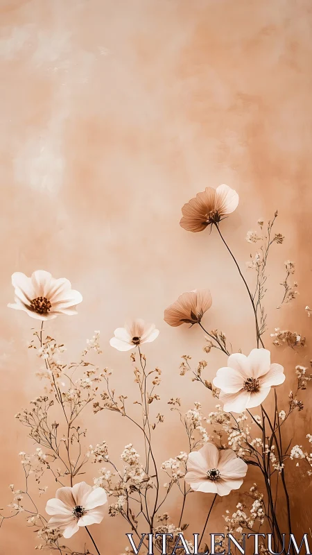 White and tan cosmos flowers arranged against warm beige background