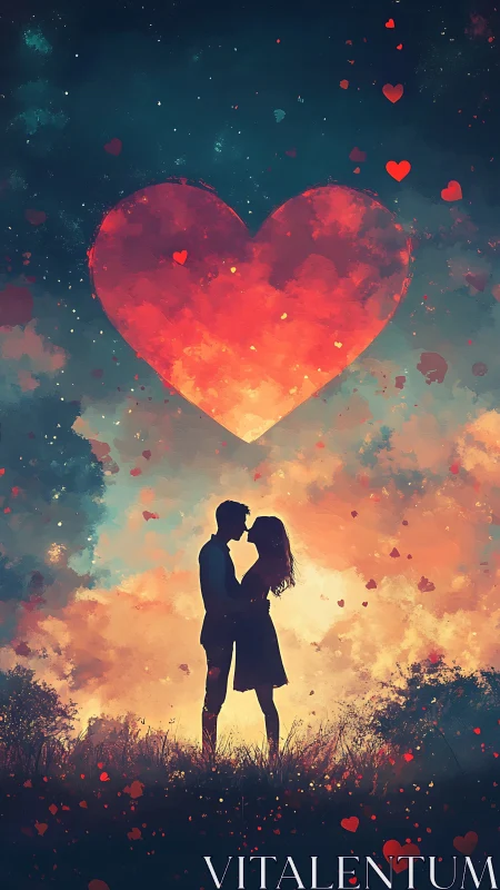 Luminescent Heart Silhouette: Romantic Couple Beneath Glowing Symbol.