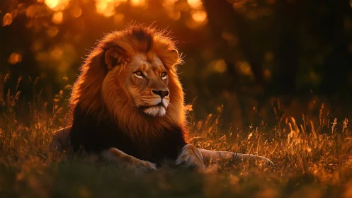 Majestic male lion resting in golden backlit savanna field.