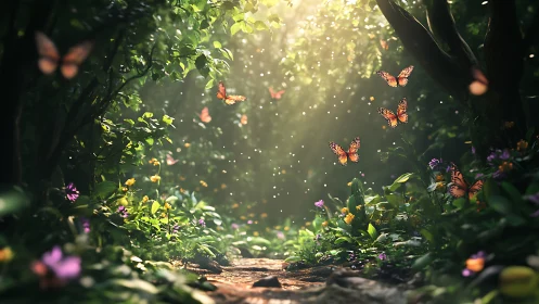 Garden scene with butterflies and flowering plants beneath filtered light