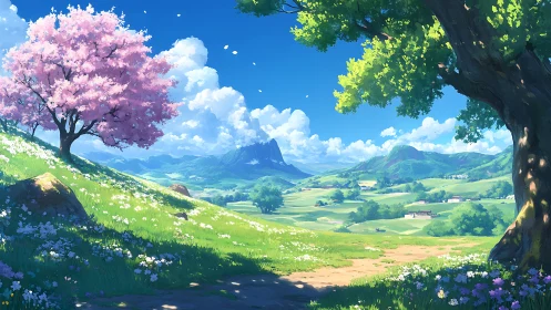 Idyllic spring valley rendered in luminous anime landscape art