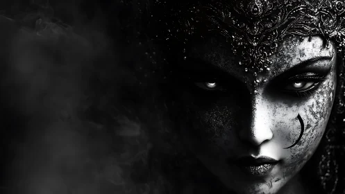 Dark moon goddess emerges from swirling shadowed mist.