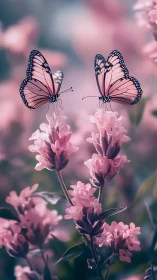 Pastel butterflies poised on pink blossoms in soft bokeh.