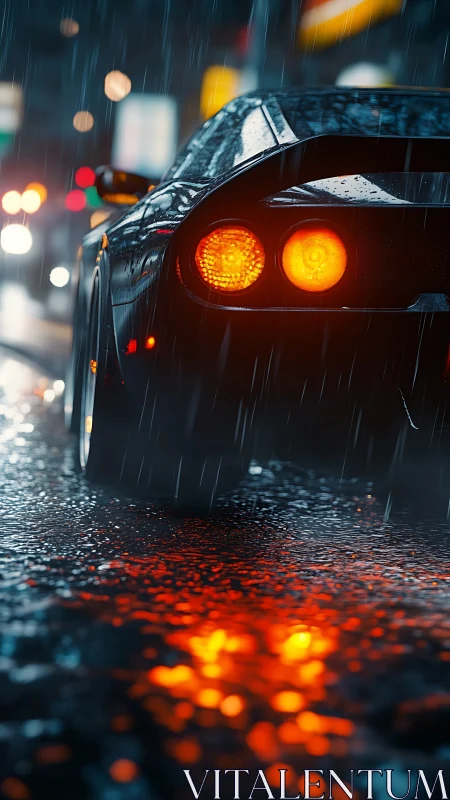 Sports car taillights glowing on wet city street at night.