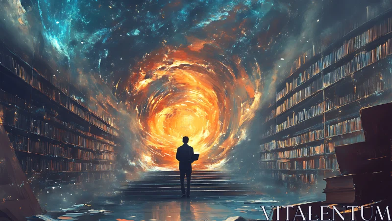 Lone reader facing cosmic portal in endless library hall.